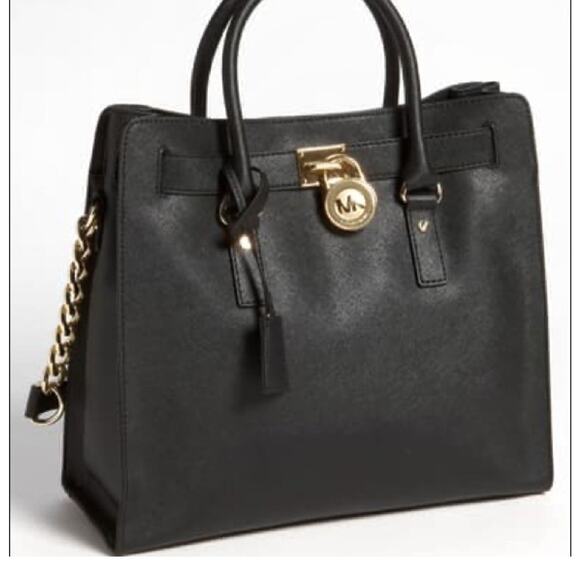 Michael Kors Handbags - Michael Kors Hamilton Large Saffiano Leather Black Satchel Bag Gold Chain Purse
